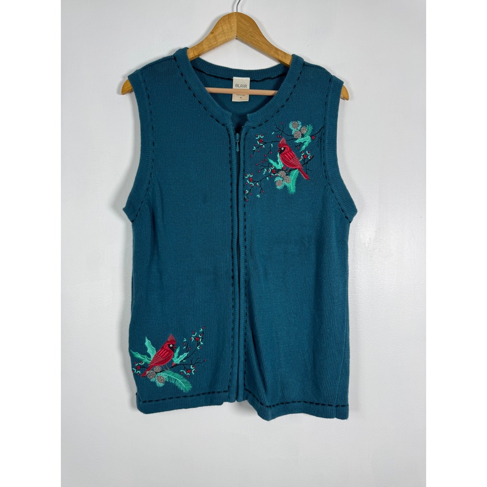Cottagecore Blair Women M Sweater Vest Teal Blue Embroidered Cardinal Zip Up